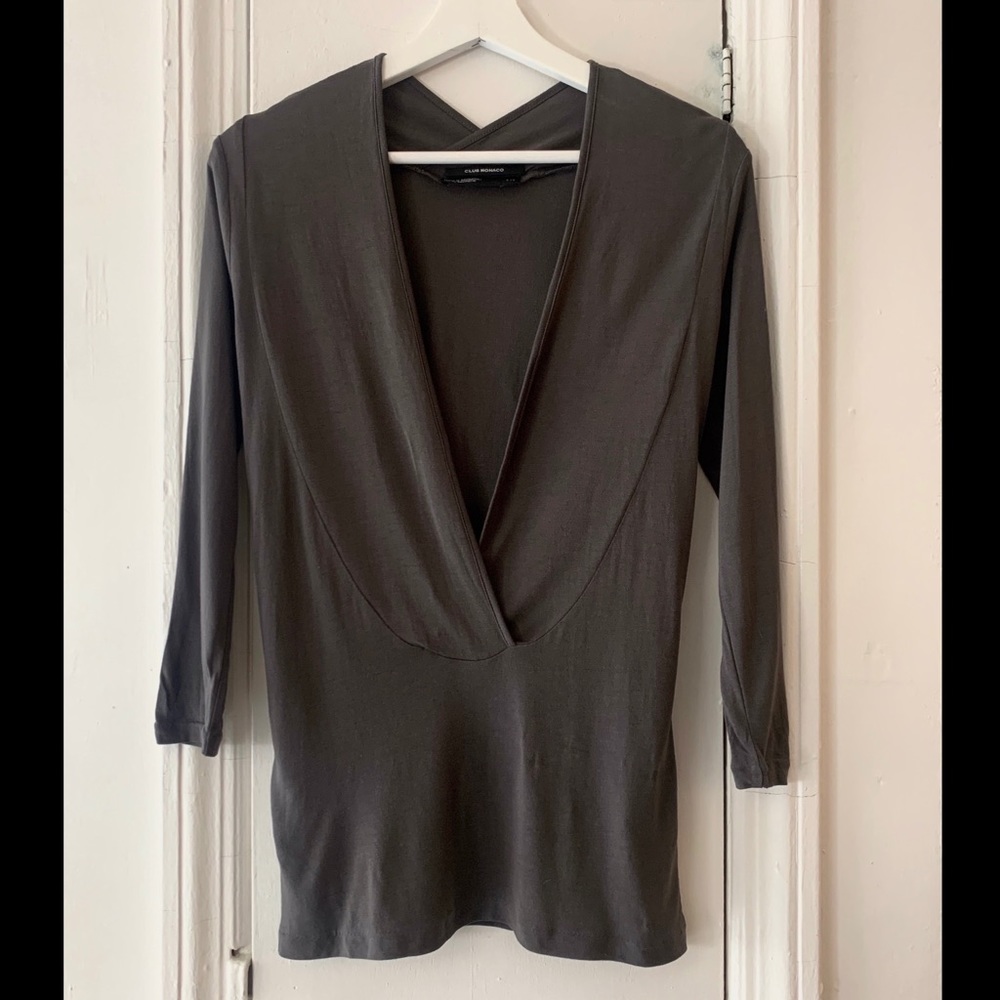 Club Monaco modal silk mixed draped collar top 3/4 sleeve, size S
